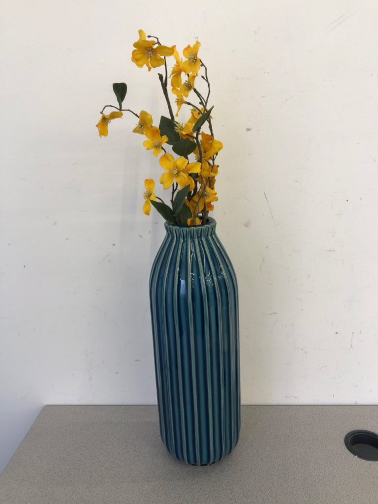 BLUE RIBBED BASE W/ FAUX YELLOW FLOWERS PIER-ONE.