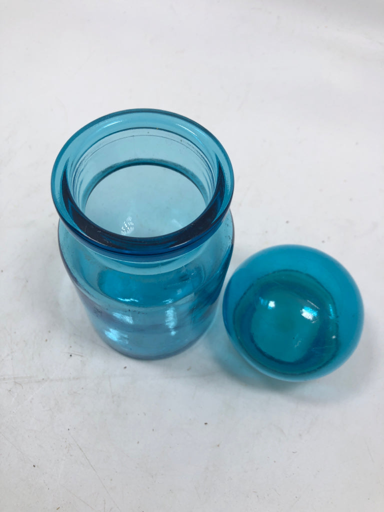 SM BLUE GLASS CANISTER W/BULB LID.