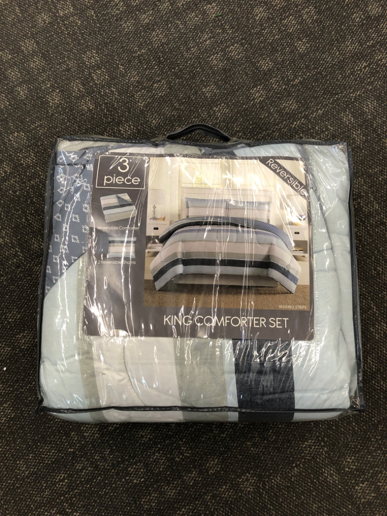 NIP BLUE STRIPE KING COMFORTER SET.