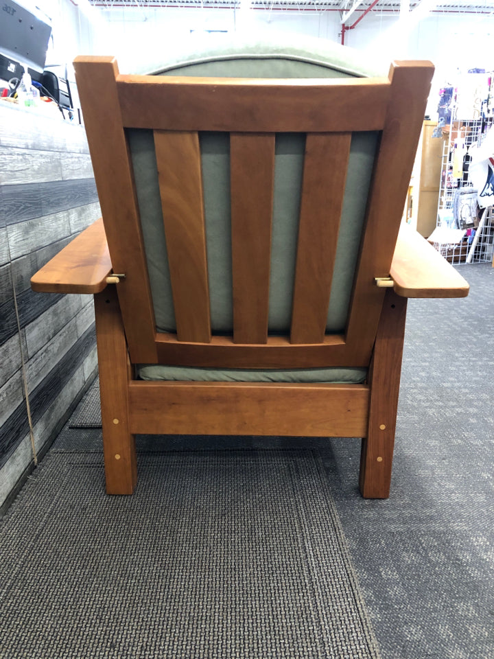 OAK WOOD W/ GREEN CUSHION POUCH CHAIR W/ OTTOMAN.