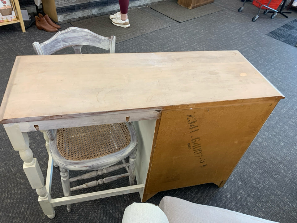 RUSTIC OFF WHITE DESK W/ 3 DRAWERS + CANE CHAIR.