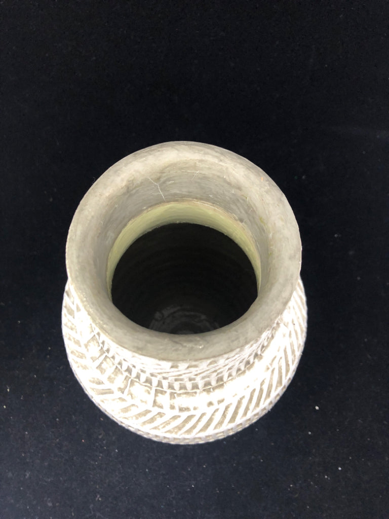 HEAVY WHITE CARVED CRATE AND BARREL VASE.