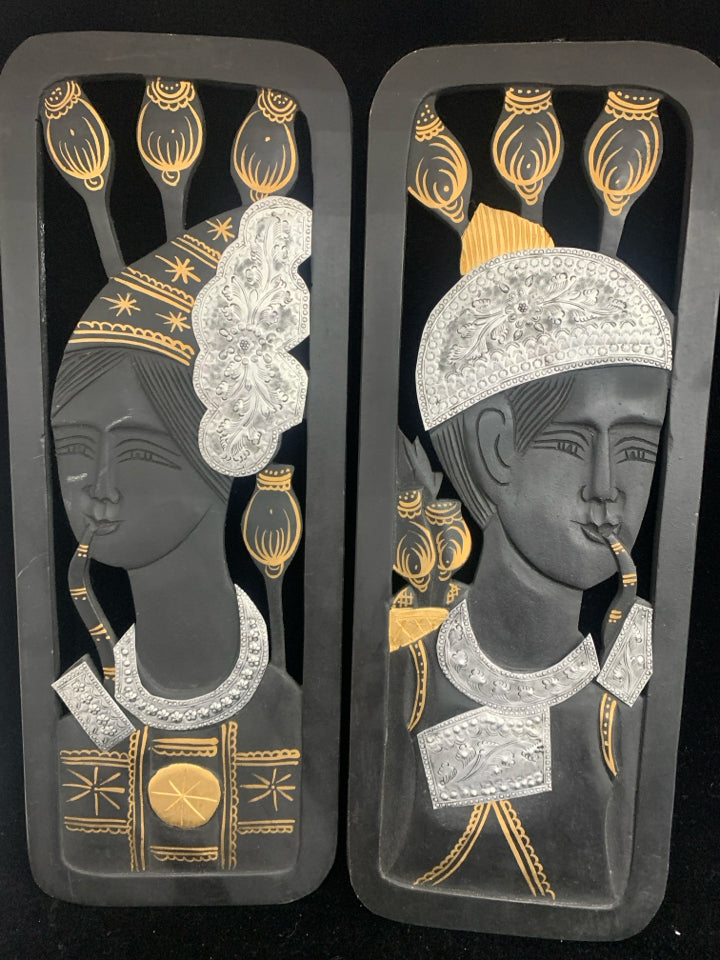 2 PC BLACK AND SILVER W GOLD ACCENTS WOMAN WALL HANGING.