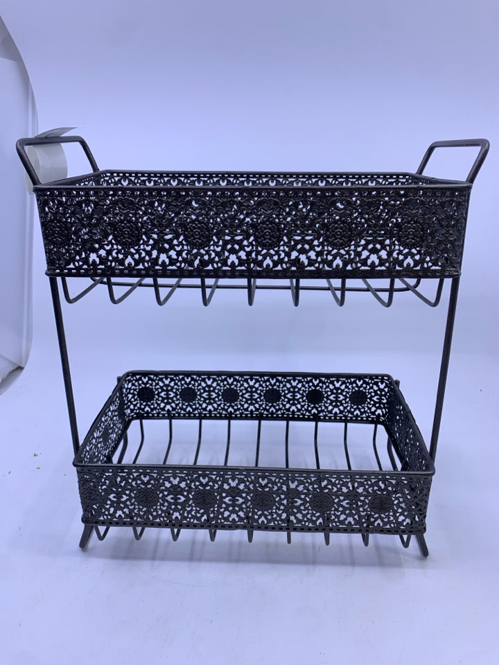 2 TIER GREY METAL STORAGE W/ LACE DETAILED BAND.