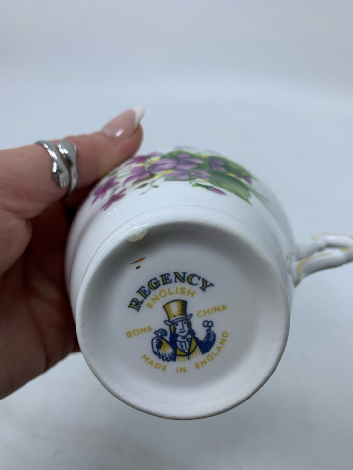 SMALL DARK PURPLE FLOWERS TEACUP SAUCER.