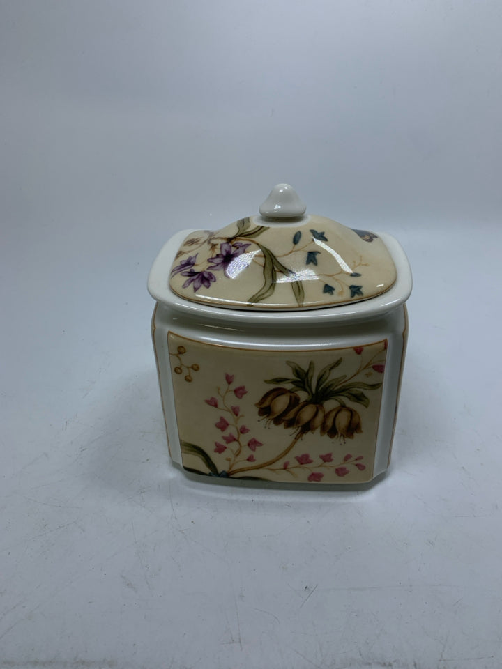 FLORAL SQUARE CANISTER W/ BUTTERFLIES.