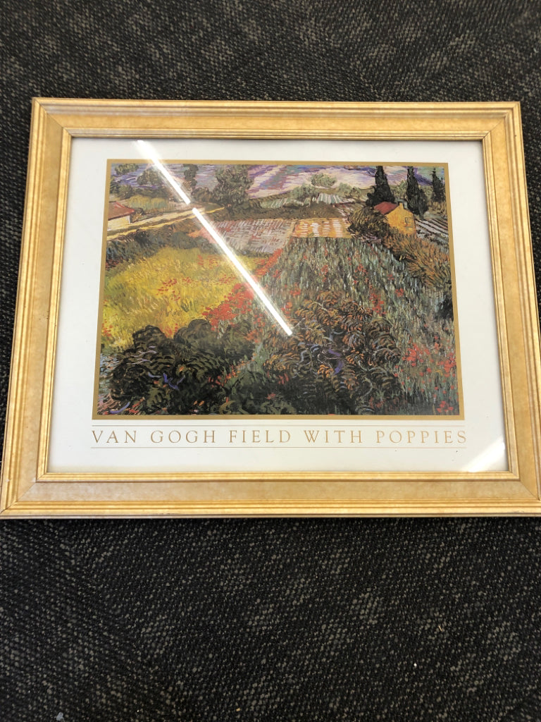 VAN GOUGH FIELD WITH POPPIES PRINT IN GOLD FRAME.