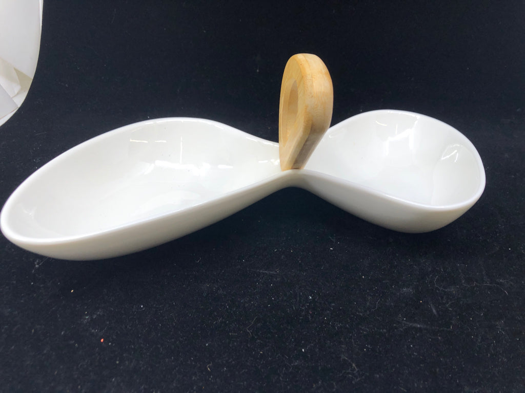 WHITE DIVIDED BOWL W WOOD HANDLE.