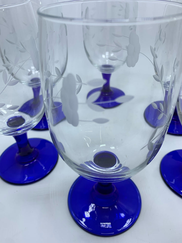 6 BLUE STEM GLASSES W/FLORAL ETCHING.