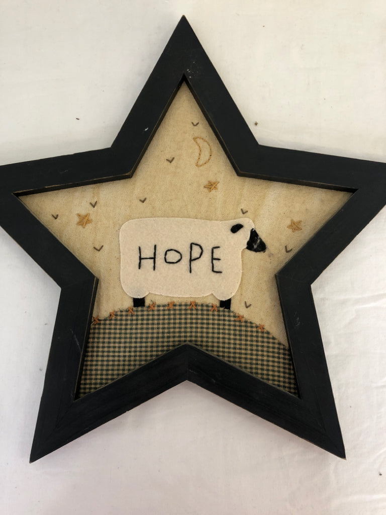 3 PRIMITIVE WOOD/FABRIC STAR WALL HANGING.