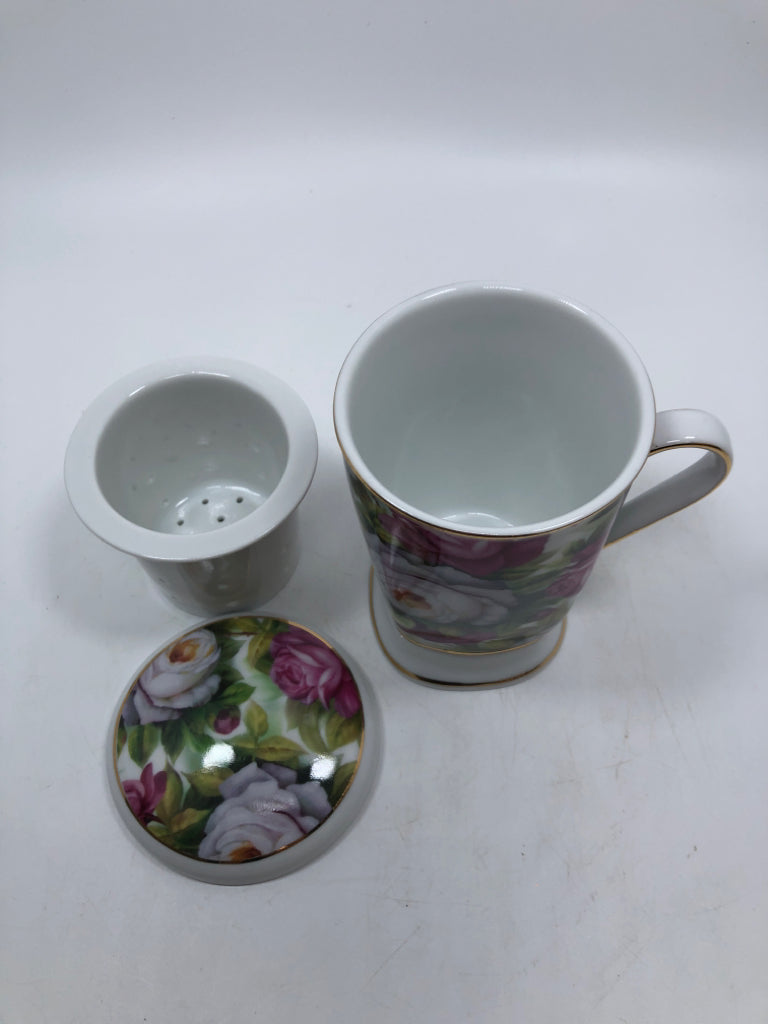 FLORAL PORCELAIN MUG W/ INFUSER +LID.
