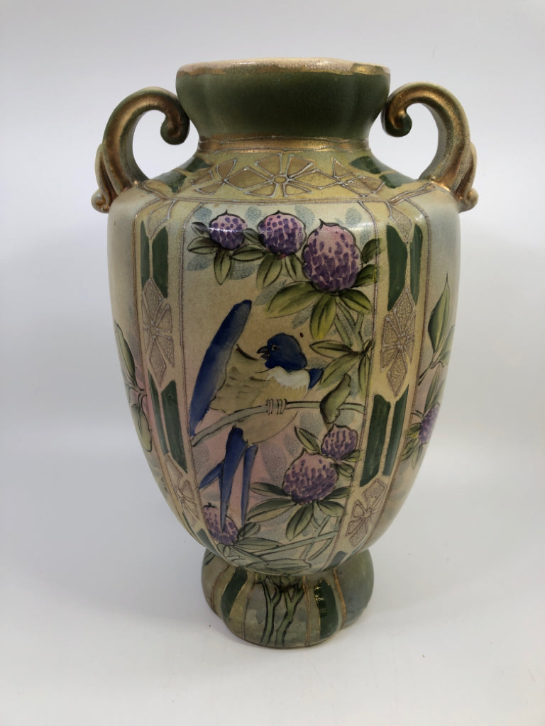 VTG BIRD PAINTED URN STYLE VASE.