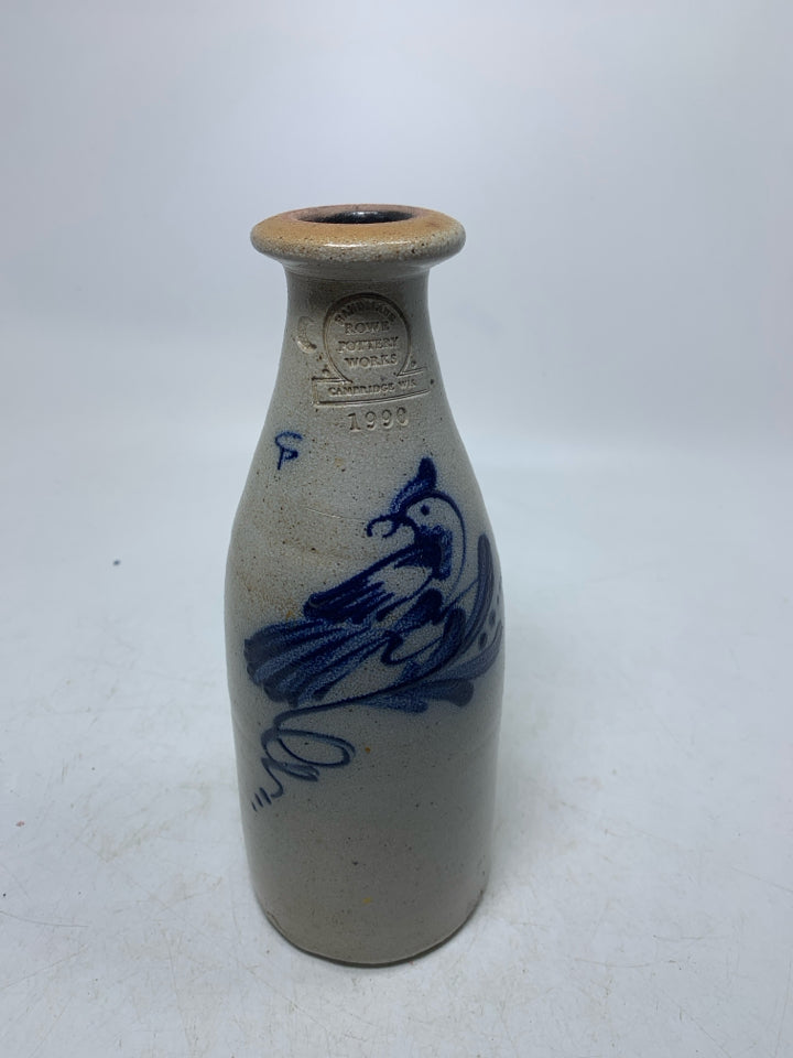 VTG COBALT BLUE BIRD SALT GLAZE BOTTLE/VASE 1990.
