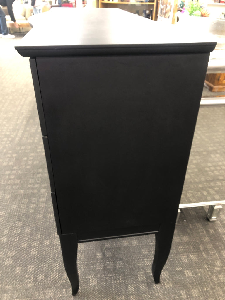 BLACK MID-CENTURY MODERN SIDEBOARD W/GOLD HARDWARE.