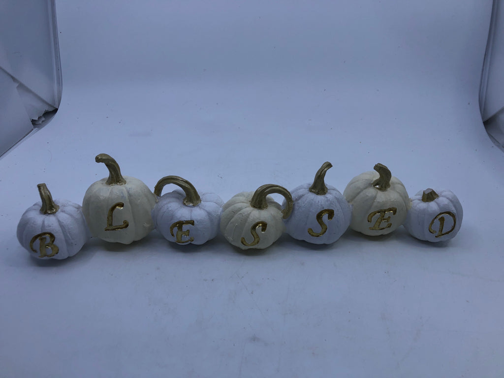 BEIGE WHITE "BLESSED" PUMPKIN DECOR.