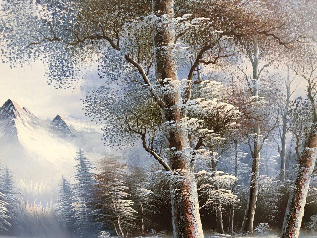 WINTER FOREST PAINTING IN BRONZE FRAME.