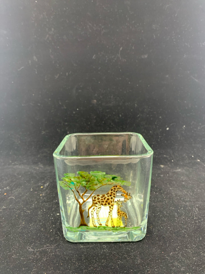 HAND PAINTED GIRAFFE W/ BABY UNDER TREE SQUARE VASE.