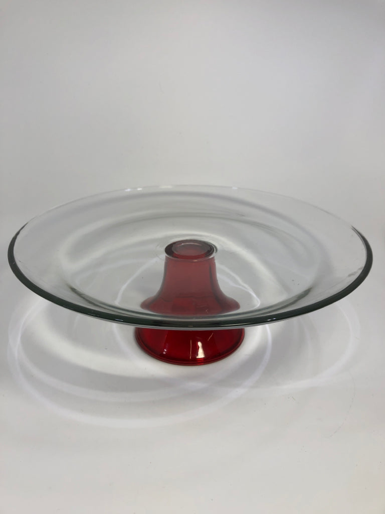 CLEAR GLASS CAKE STAND WR/RED GLASS BASE.