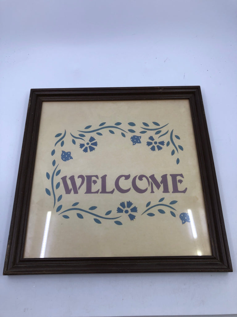 VTG WELCOME - BLUE FLORAL IN DARK WOOD FRAME.