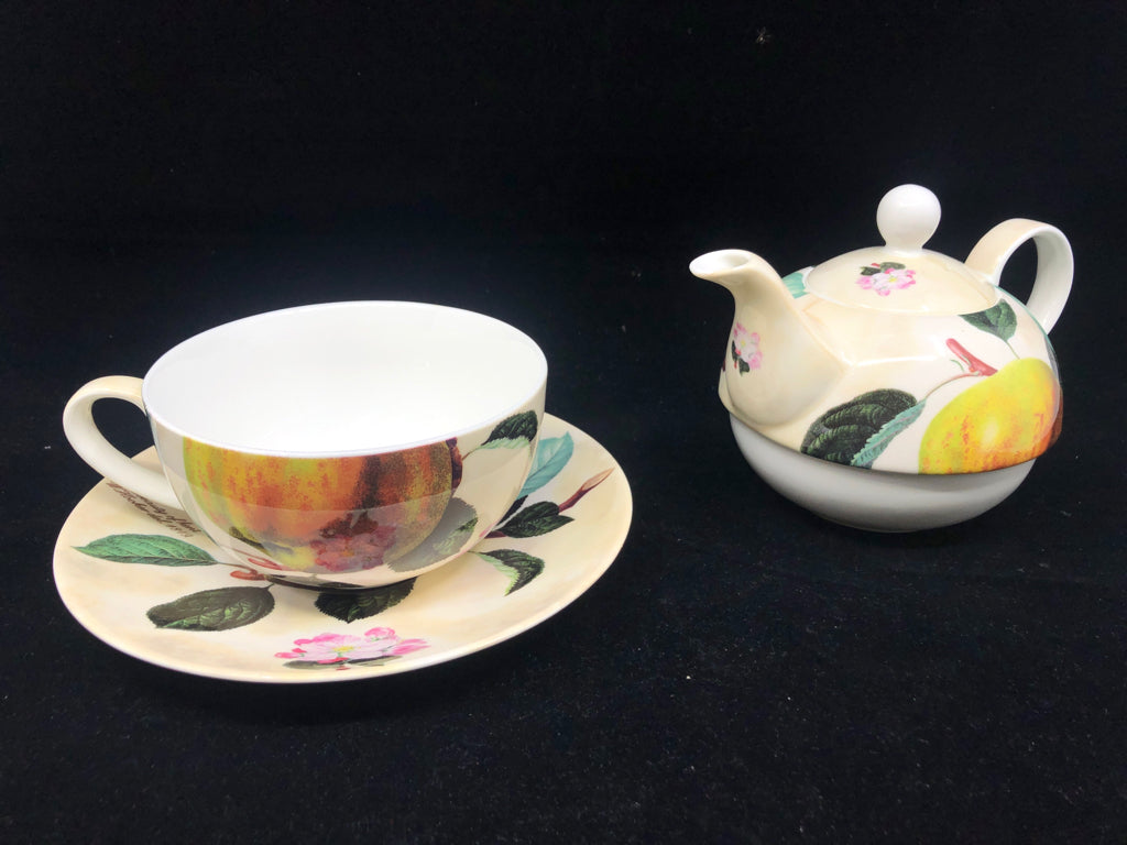 3PC PEAR TEA FOR ONE SET- TEA CUP, SAUCER, TEAPOT.