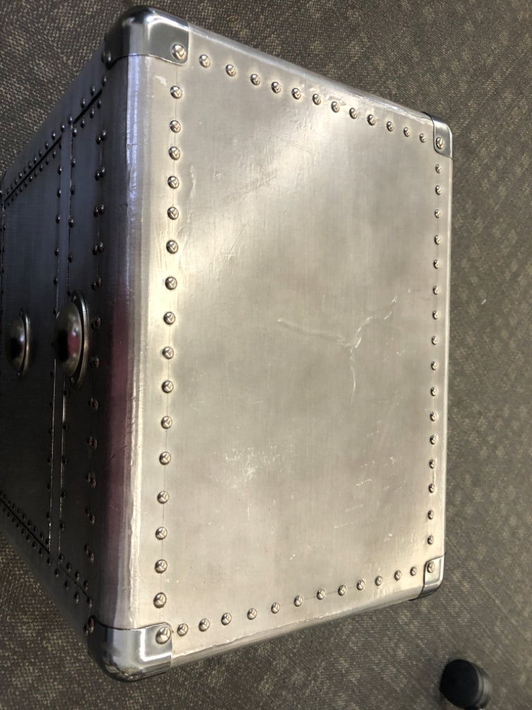 SILVER STUDDED 2 DRAWER NIGHTSTAND ON WHEELS.