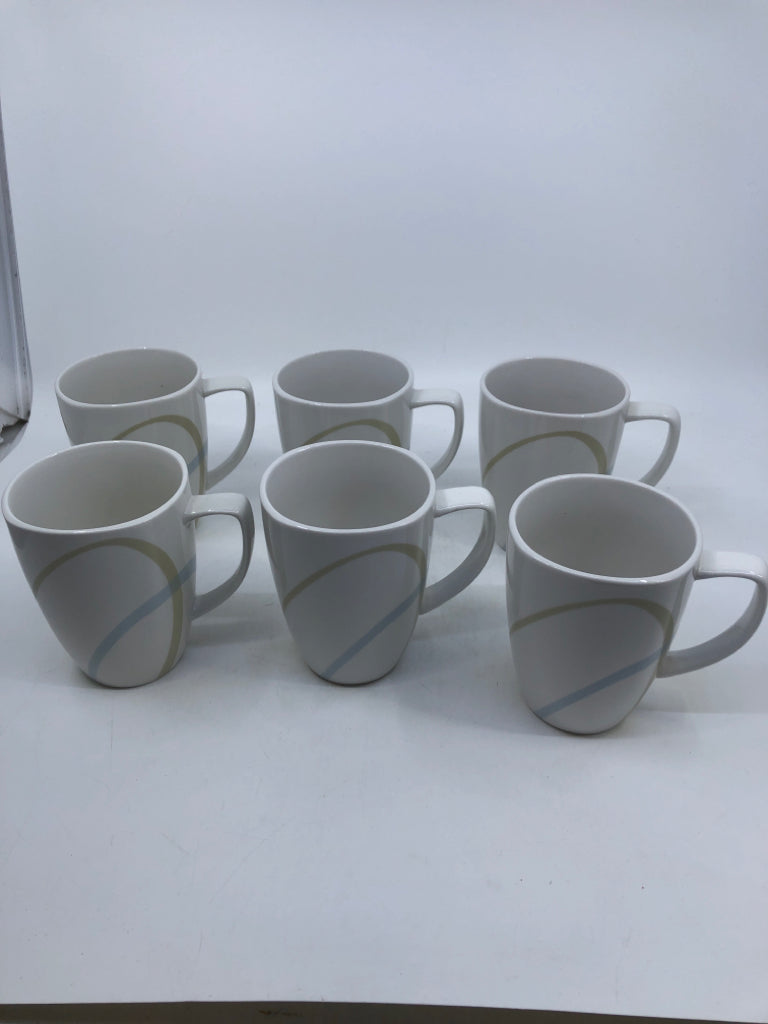 6 BROWN/BLUE STRIPED MUGS.