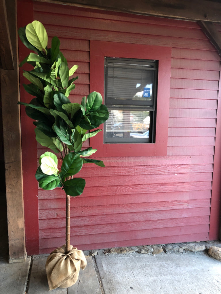 FAUX TREE IN BURLAP PLANTER.