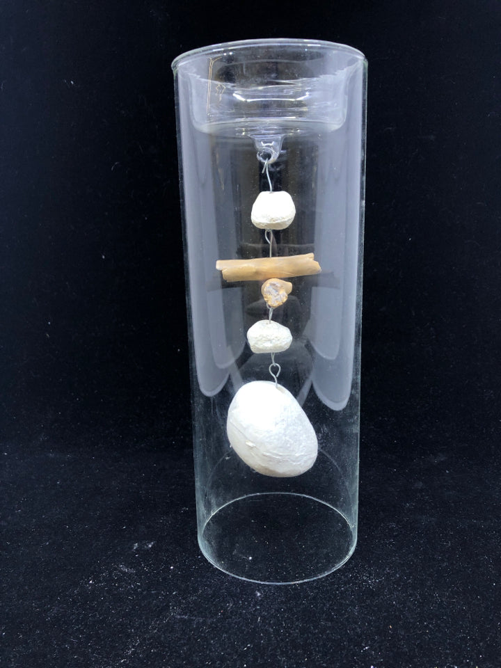 CLEAR GLASS HANGING ROCKS CANDLE HOLDER.