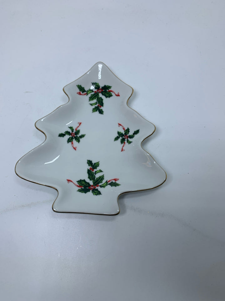 LEFTON SMALL WHITE CHRISTMAS TREE TRINKET DISH W/ HOLLY.