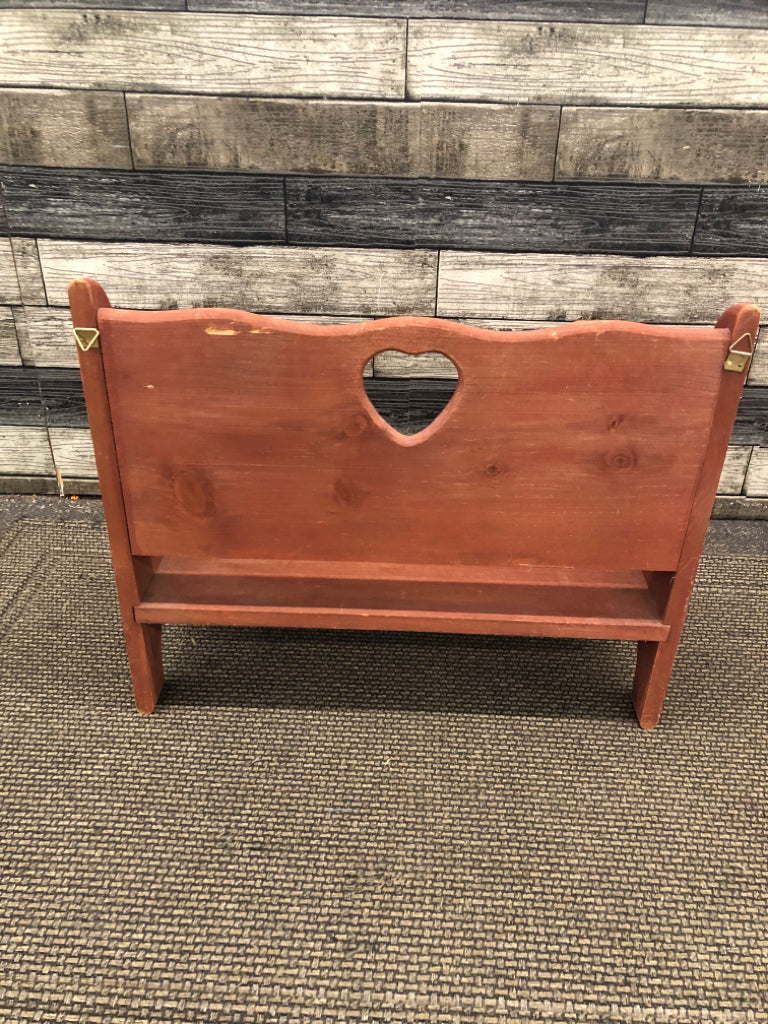 SMALL RED WOODEN DOLL BENCH SHELF.