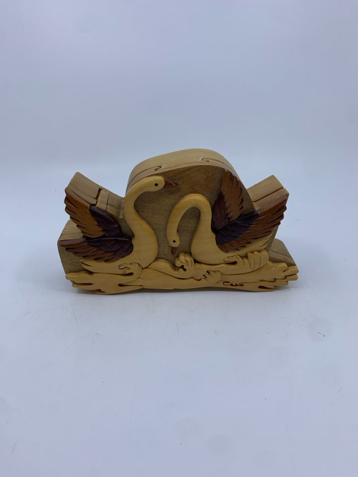 2 TONED WOOD SWAN PUZZLE BOX.