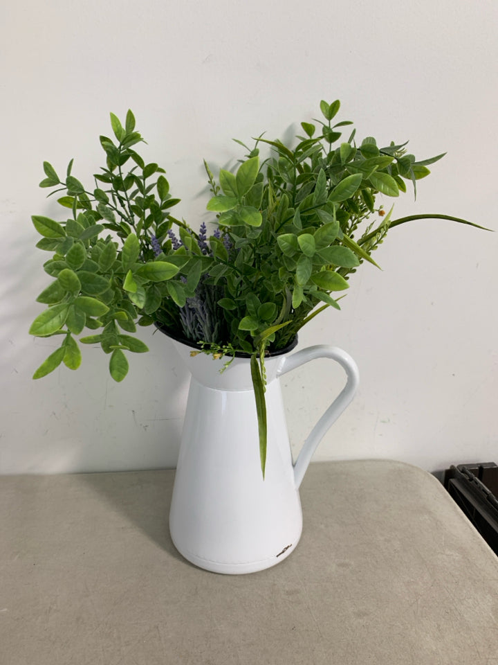 LARGE METAL WHITE PITCHER W/ FAUX GREENERY.
