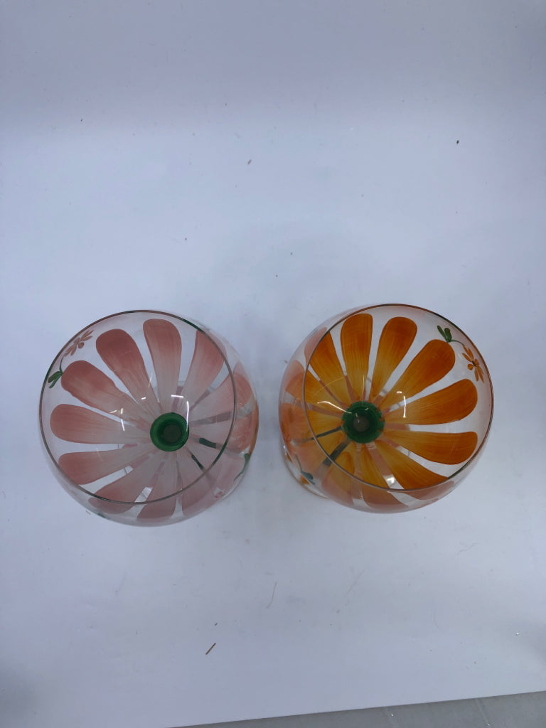 4 LARGE PAINTED BULB WINE GLASSES.