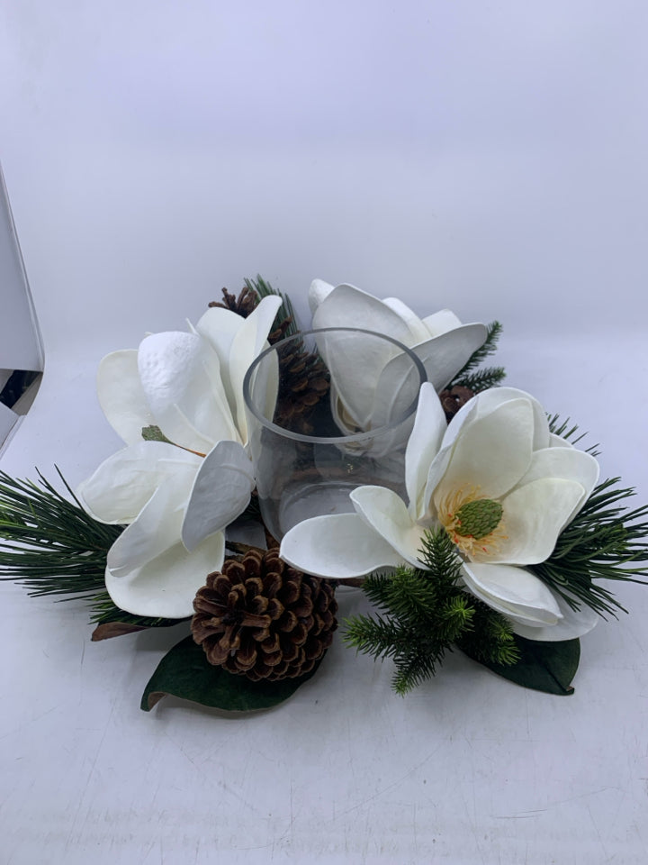 FAUX WHITE FLOWERS PINECONES/NEEDLES W/ GLASS INSERT CANDLE HOLDER.