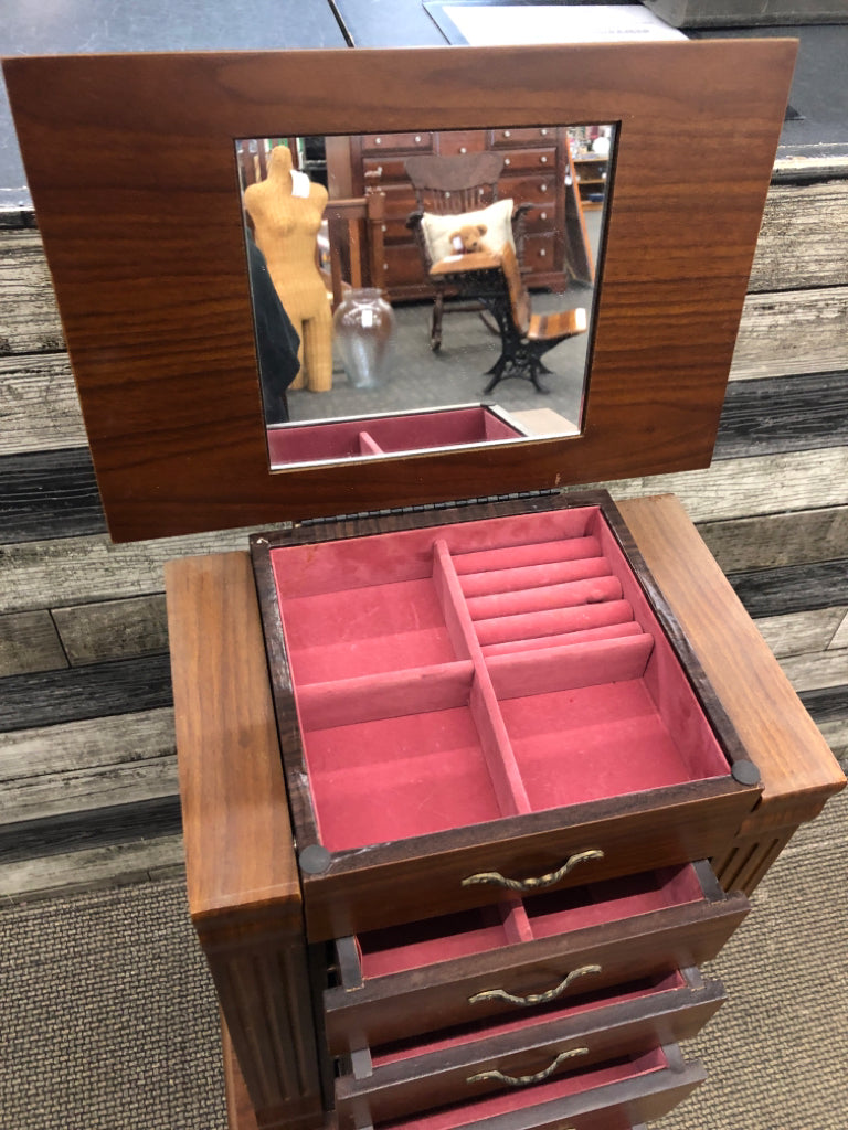 DK WOOD JEWELRY ARMOIRE W/FLIP LID 4 DRAWERS *MINOR WEAR.