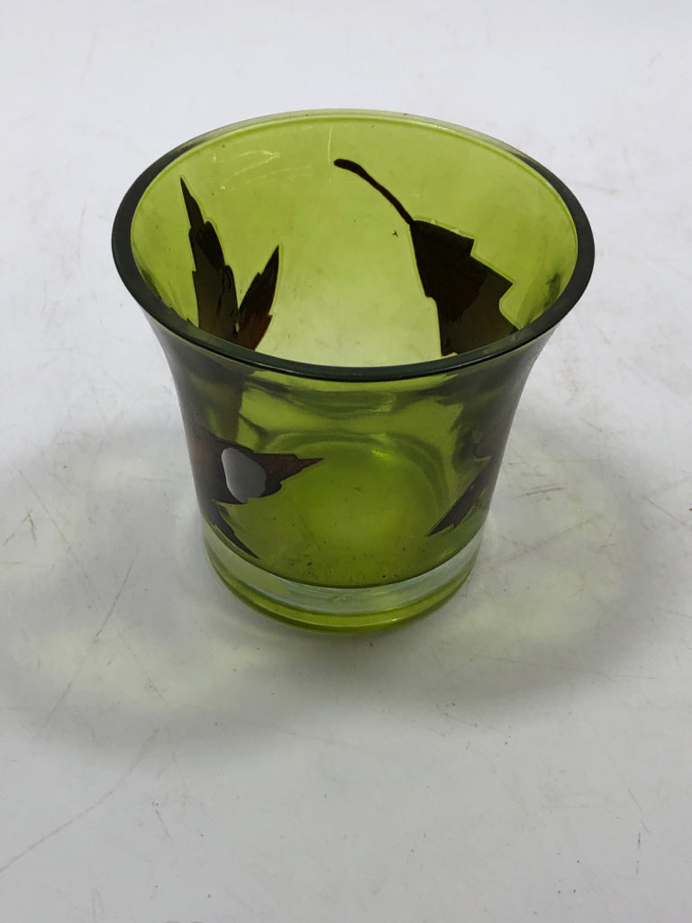 AUTUMN LEAF GREEN GLASS VOTIVE HOLDER.