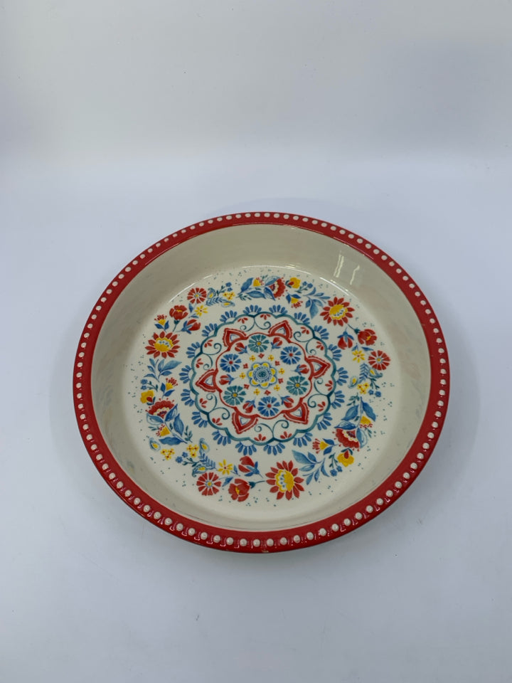 RED/BLUE FLORAL PIE DISH W/ BEADED EDGE.