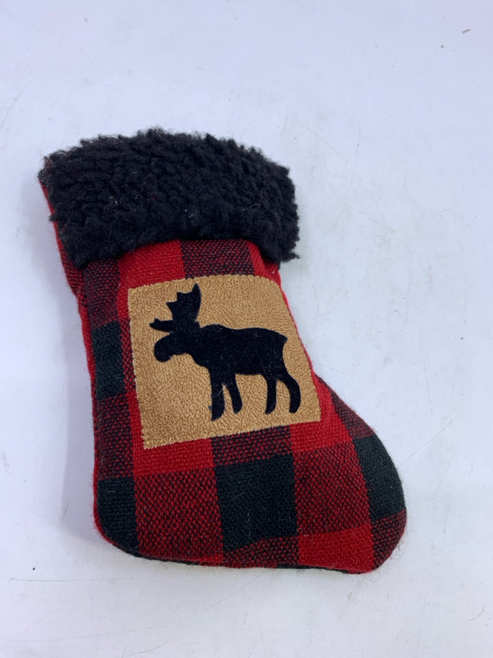 MINI RED BUFFALO PLAID STOCKING W/ MOOSE.