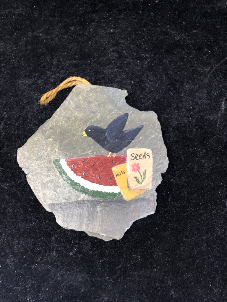 STONE SLATE PAINTED WATERMELON/CROW SEED PACKETS WALL HANGING.