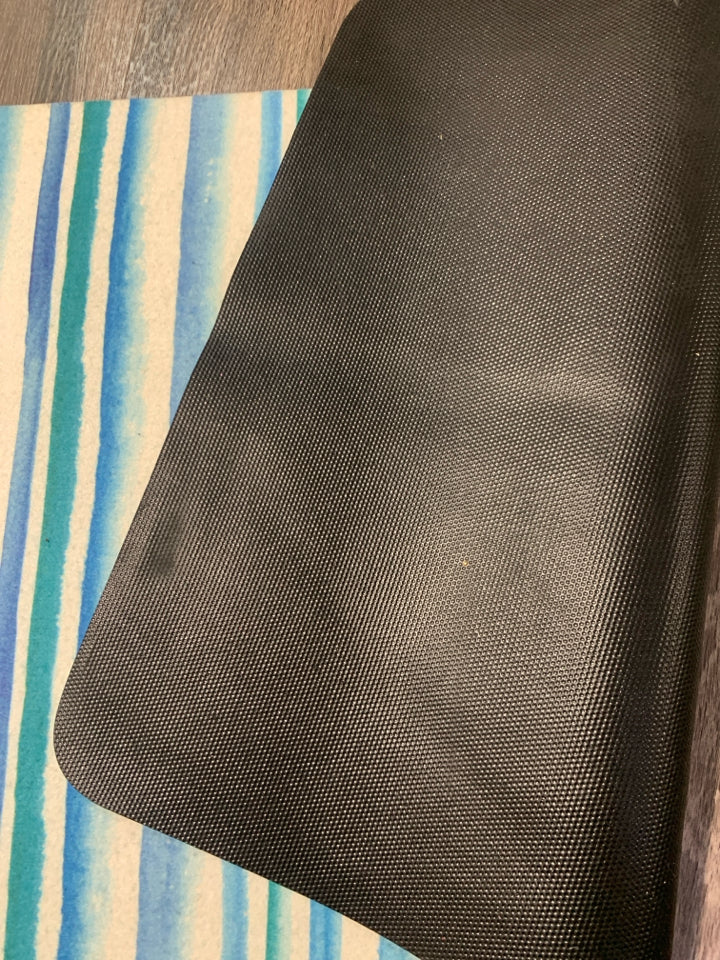 BLUE/GREEN STRIPPED SKID RESISTANT ACCENT RUG.