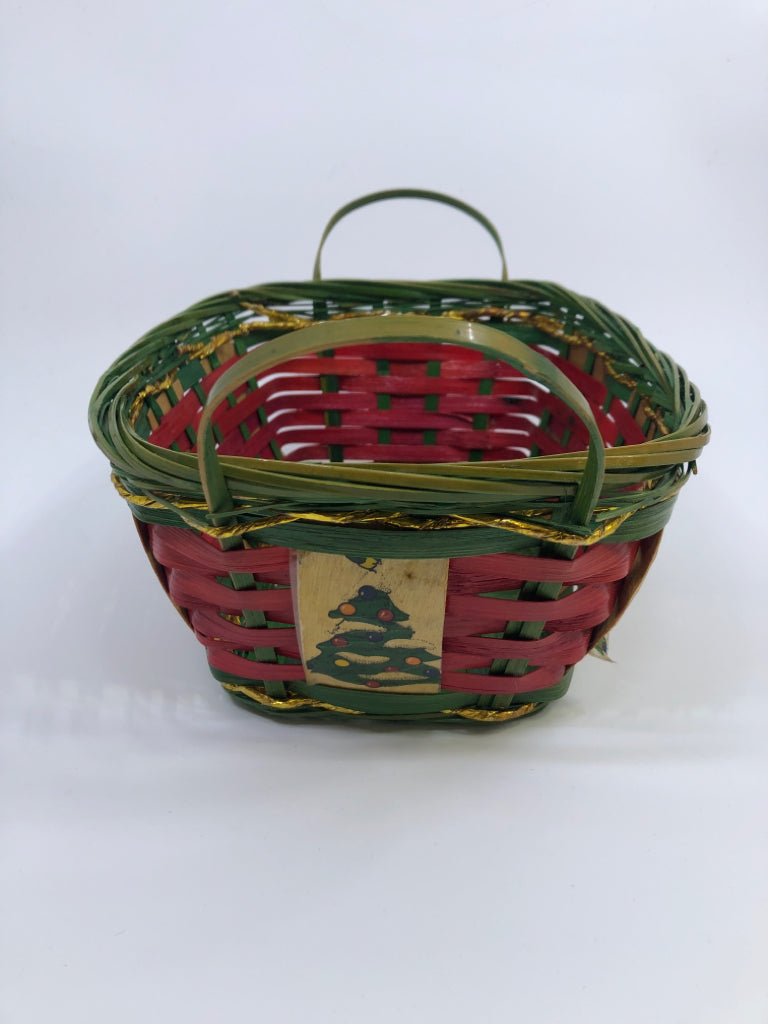 RED & GREEN WICKER BASKET W/CHRISTMAS TREES.