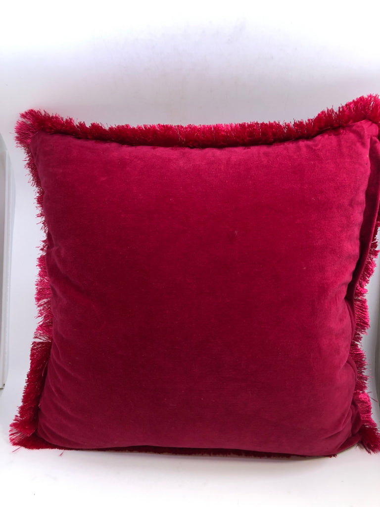BRIGHT PINK DECORATIVE PILLOW W/FLOWERS AND FRINGE.