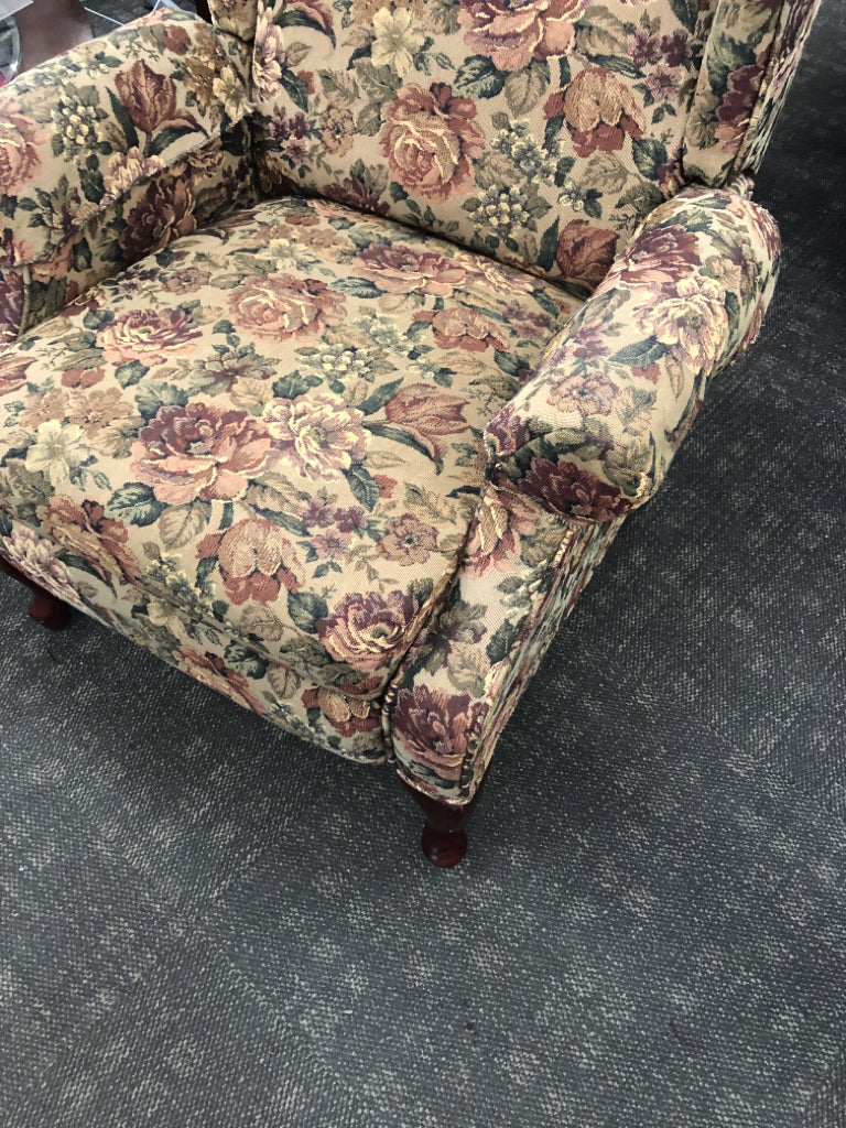 DARK ROSE PATTERN RECLINER W/ ARM COVERS.