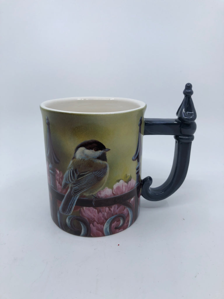 EMBOSSED CHICKADEE BIRD ON MUG W DETAILED HANDLE.