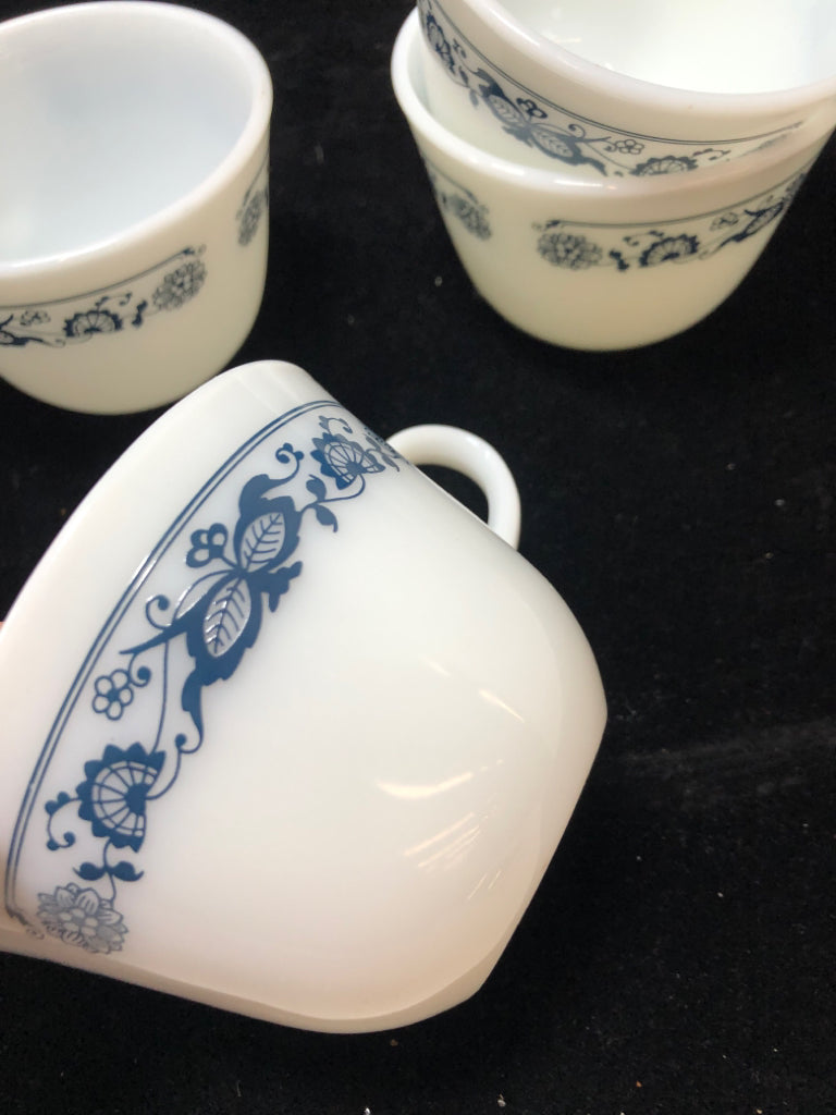 4 VTG PYREX "OLD TOWN BLUE" MUGS.