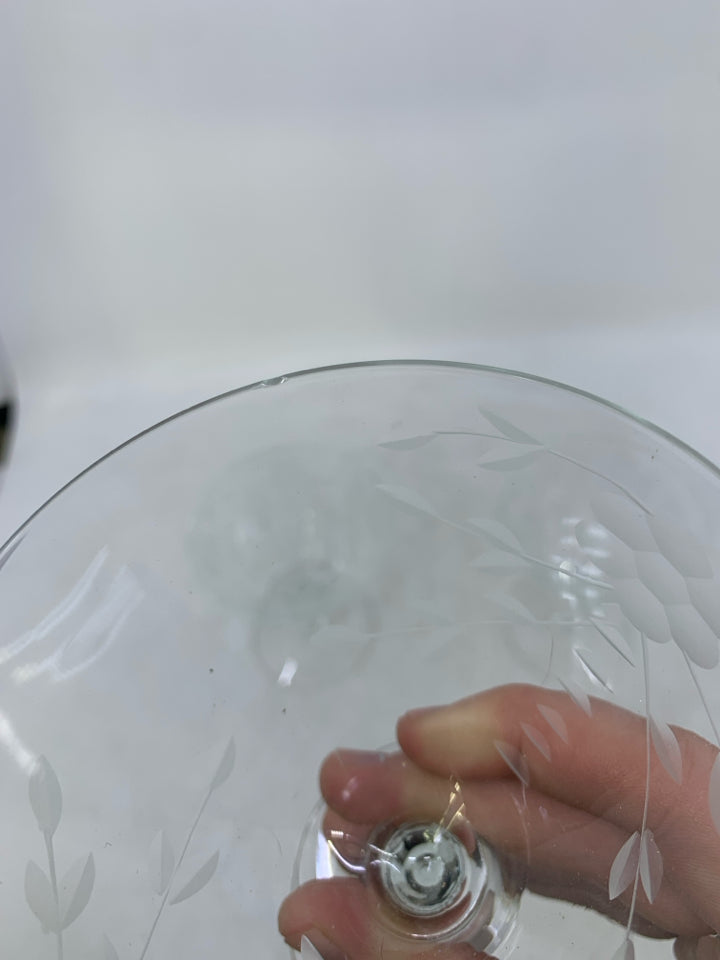 4 DELICATE SHORT WINE GLASSES W/ ETCHED FLOWERS.