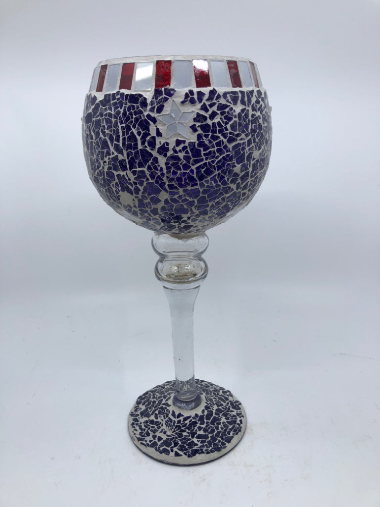 RED,WHITE,BLUE MOSAIC GLASS TALL CANDLE GOBLET.