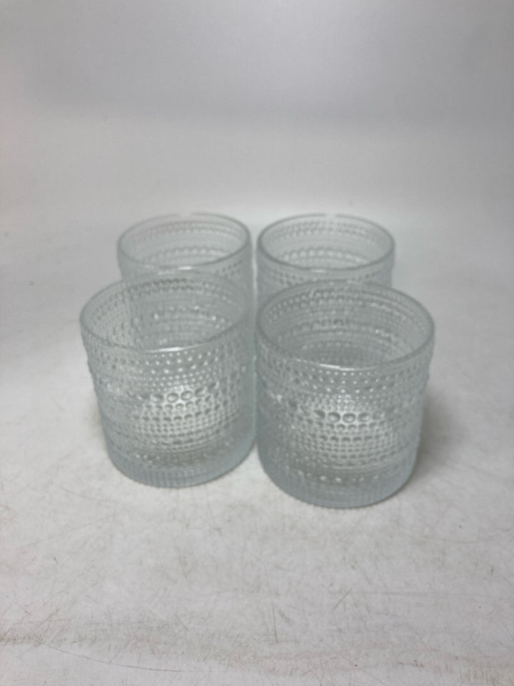 4 GLASS BEADED JUICE GLASSES.