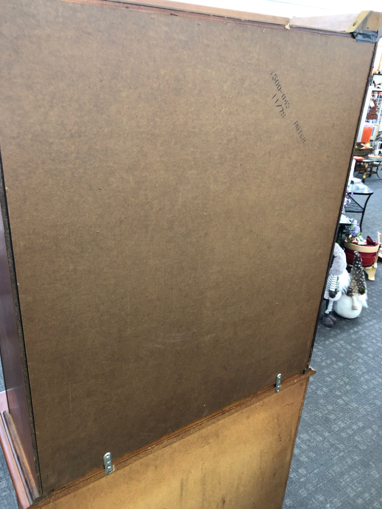 VTG LARGE WOOD HUTCH W GLASS DOORS, CABINET AND DRAWER.