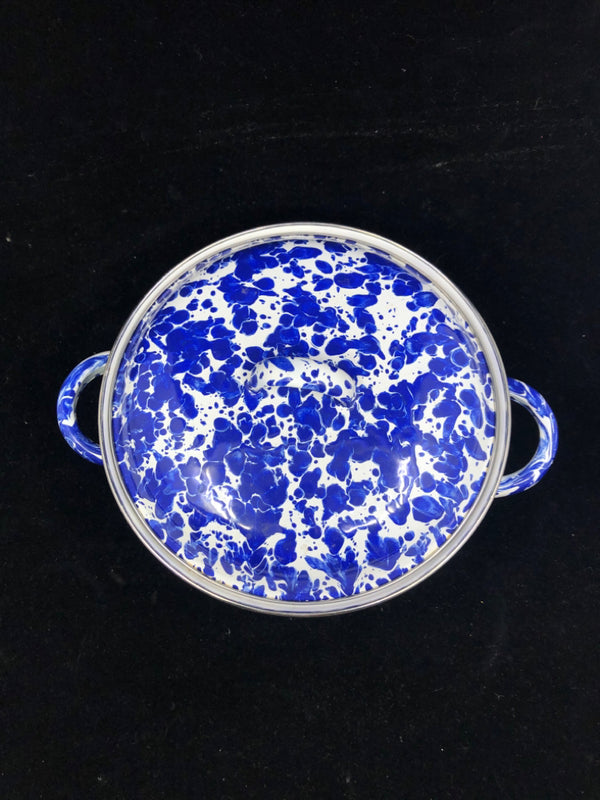 BLUE AND WHITE ENAMELED POT W LID.